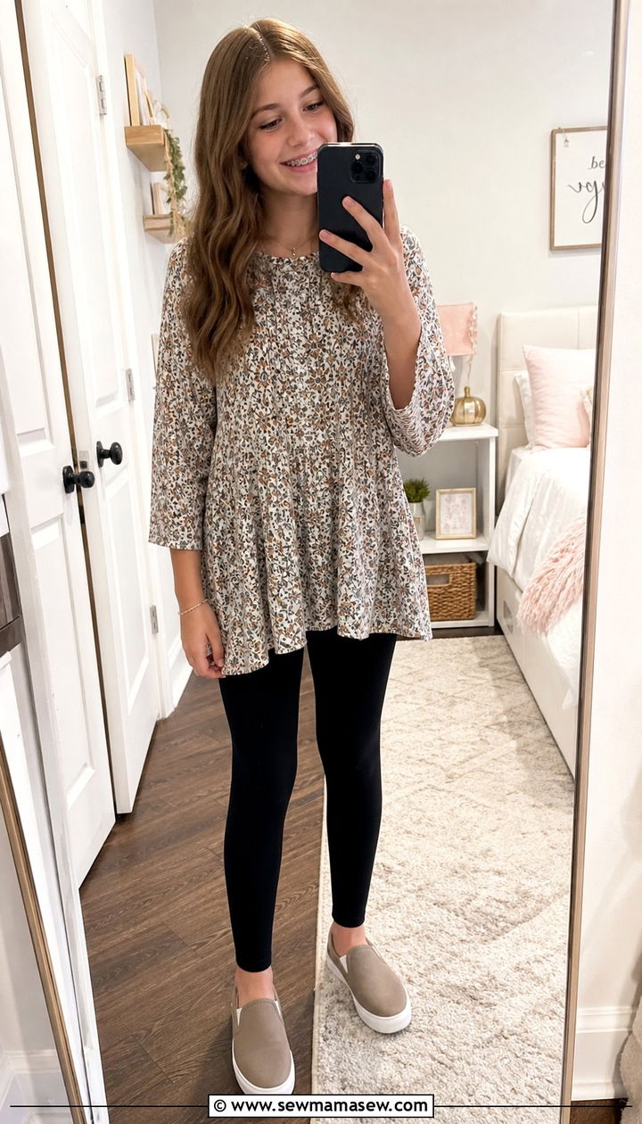Tunic Top With Leggings and Slip On Sneakers - 35 Back to school outfit ideas 7th grade