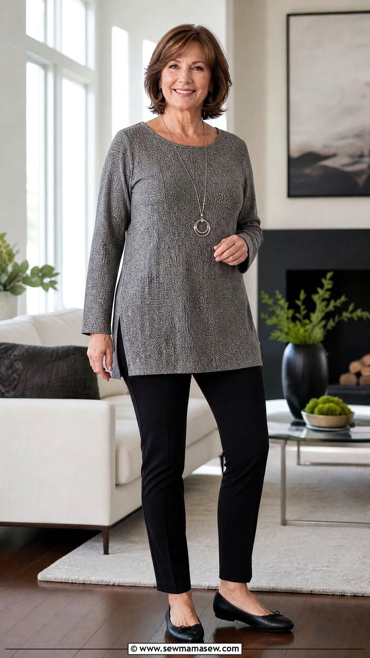 Tunic Top With Slim Leggings or Slim Pants - 20 Apple shape outfits for women over 50
