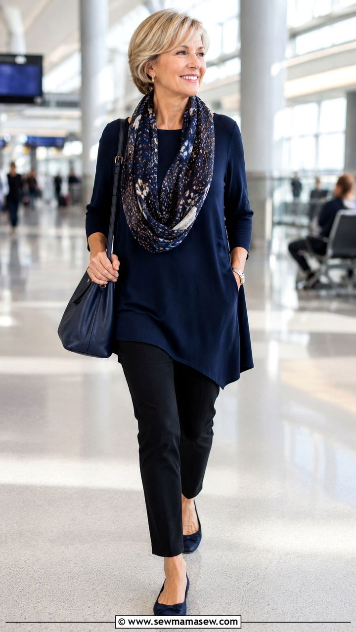 Tunic Top With Slim Trousers Plane Outfit Over 50 - 25 What to wear on a plane over 50