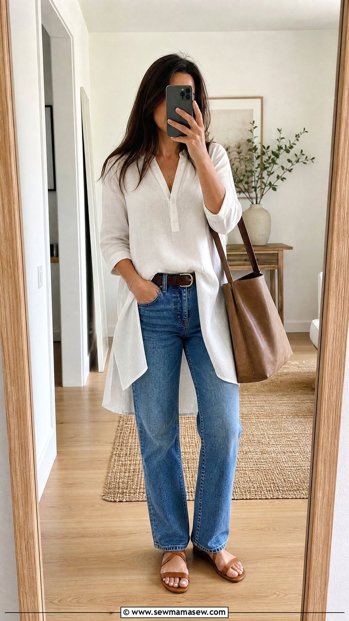 Tunic Top With Straight Leg Jeans - 30 Summer capsule wardrobe modest