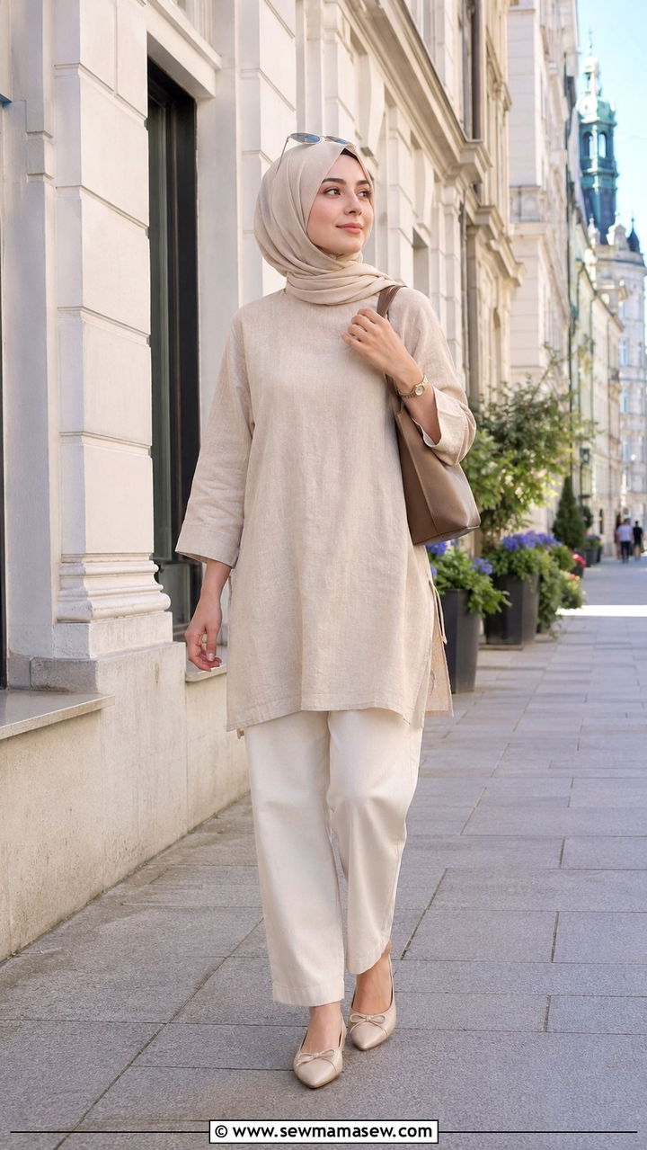 Tunic Top With Straight Leg Pants And Pointed Flats - 30 Modest travel outfit ideas