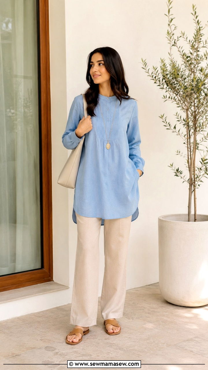 Tunic Top With Straight Leg Trousers - 30 Modest summer outfit ideas