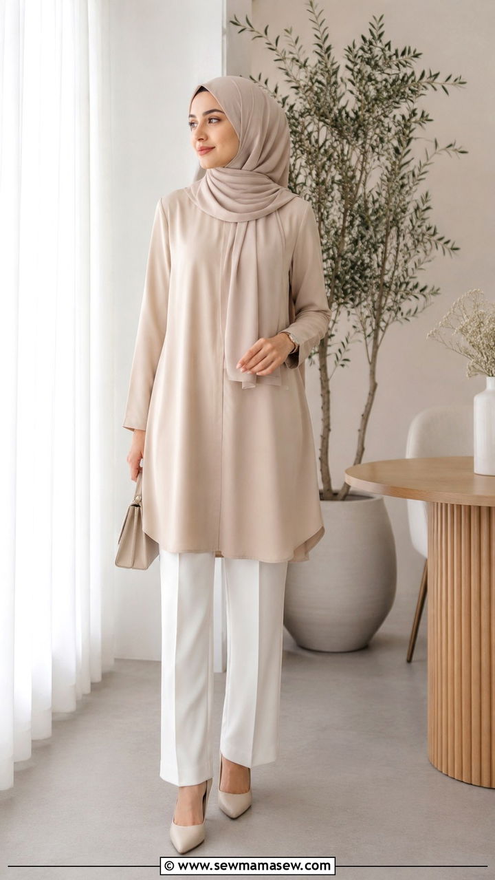Tunic Top With StraightLeg Trousers And Coordinated Hijab Outfit - 25 work outfits for modest women