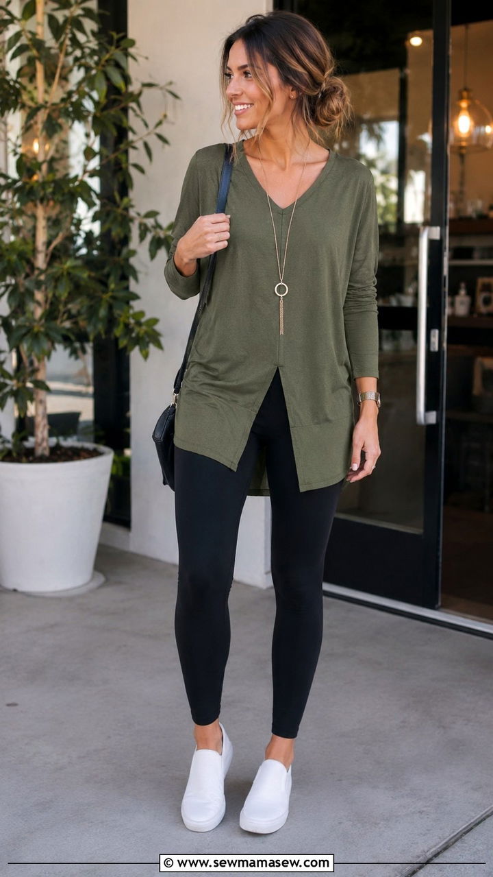 Tunic Top with High Waisted Leggings - 20 Outfit ideas for apron belly