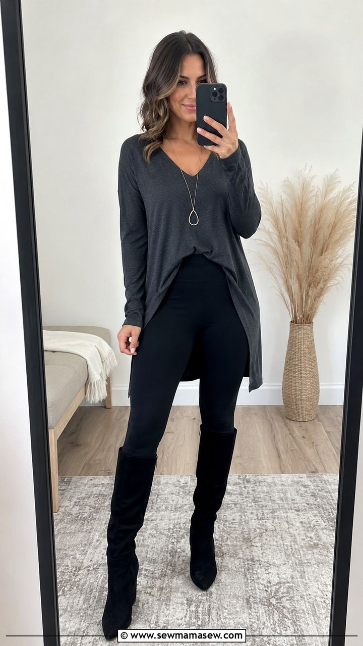 Tunic Top with Leggings and Knee High Boots - 25 Outfits that flatter the midsection