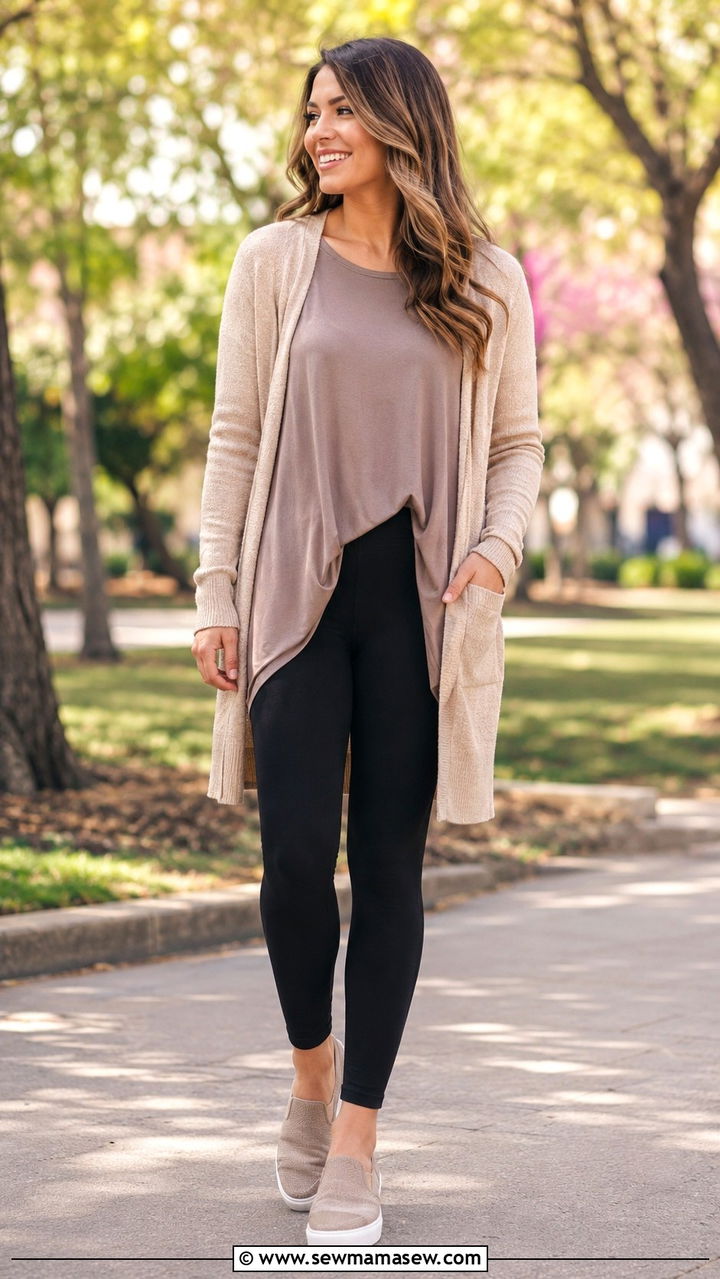 Tunic Top with Leggings and Long Cardigan - 25 Outfits to hide belly fat