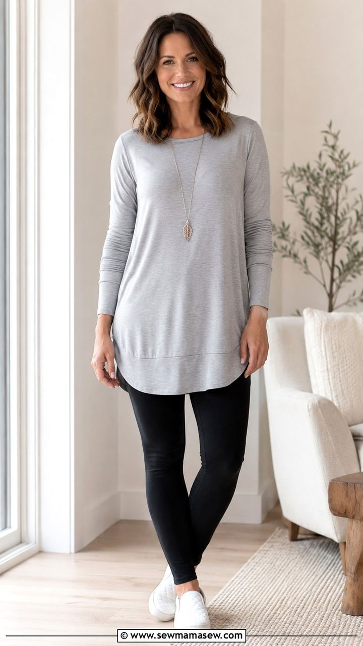 Tunic Top with Leggings and Slip On Sneakers - 25 Postpartum outfit ideas 2026