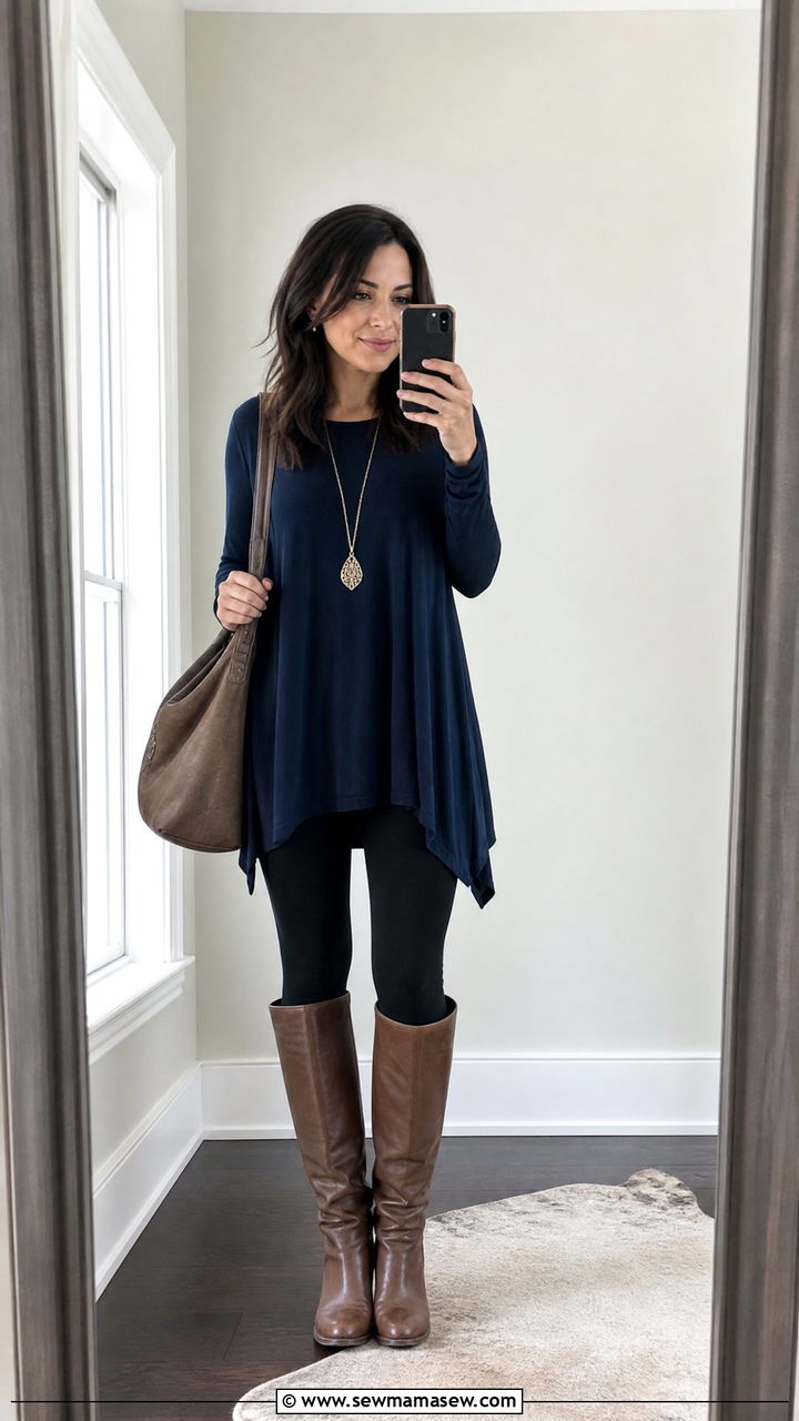 Tunic Top with Leggings and Tall Boots - 25 Outfit ideas for narrow hips