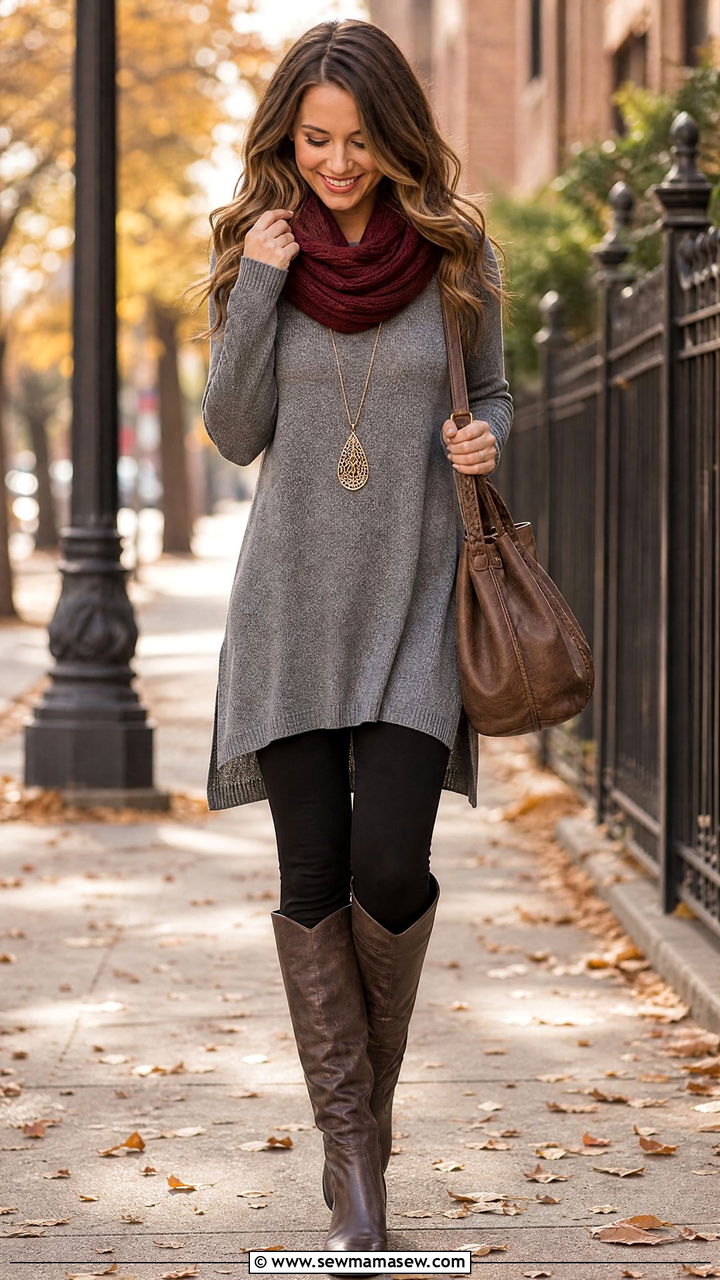 Tunic Top with Leggings and Tall Boots - 25 Outfits for no waist