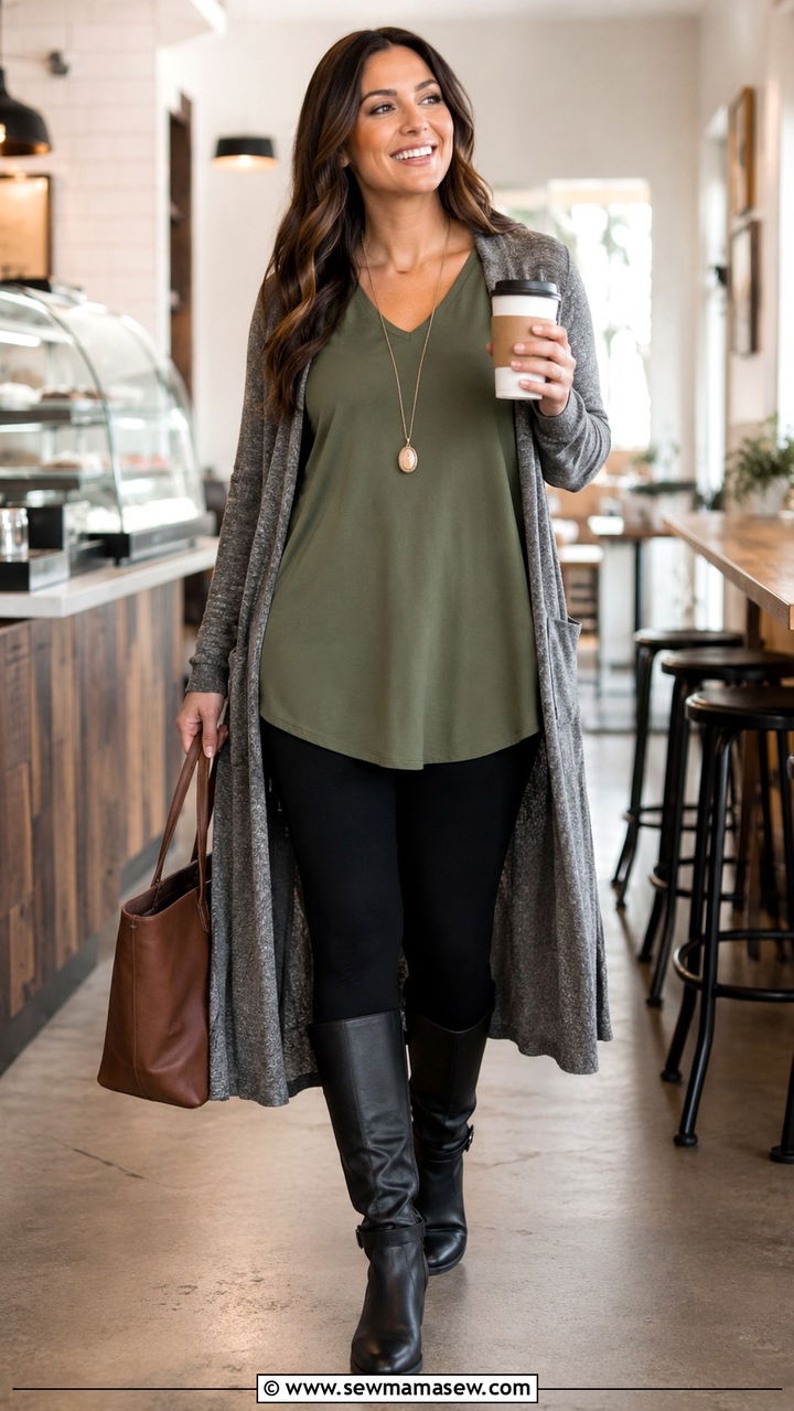 Tunic Top with Leggings and a Long Cardigan - 30 Outfit ideas for wide hips