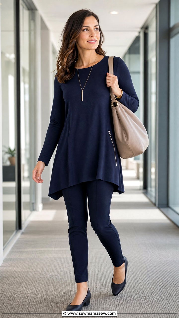 Tunic Top with Side Zippers Over Ponte Pants and Wedges - 25 Pumping friendly work outfits