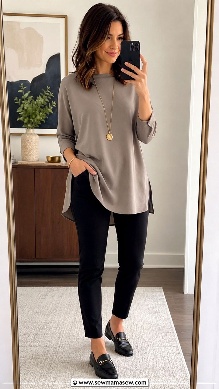 Tunic Top with Slim Leg Ankle Pants - 20 work outfits for apple shaped body