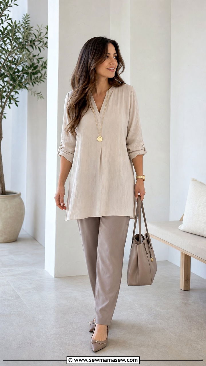 Tunic Top with Straight Leg Trousers and Pointed Flats - 25 cute modest classy outfits