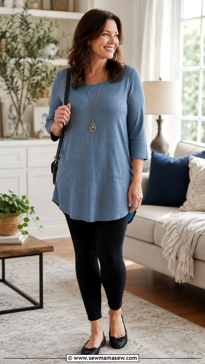 Tunic With Leggings and Flats for Pear Shape - 20 Outfit ideas for pear shape over 50