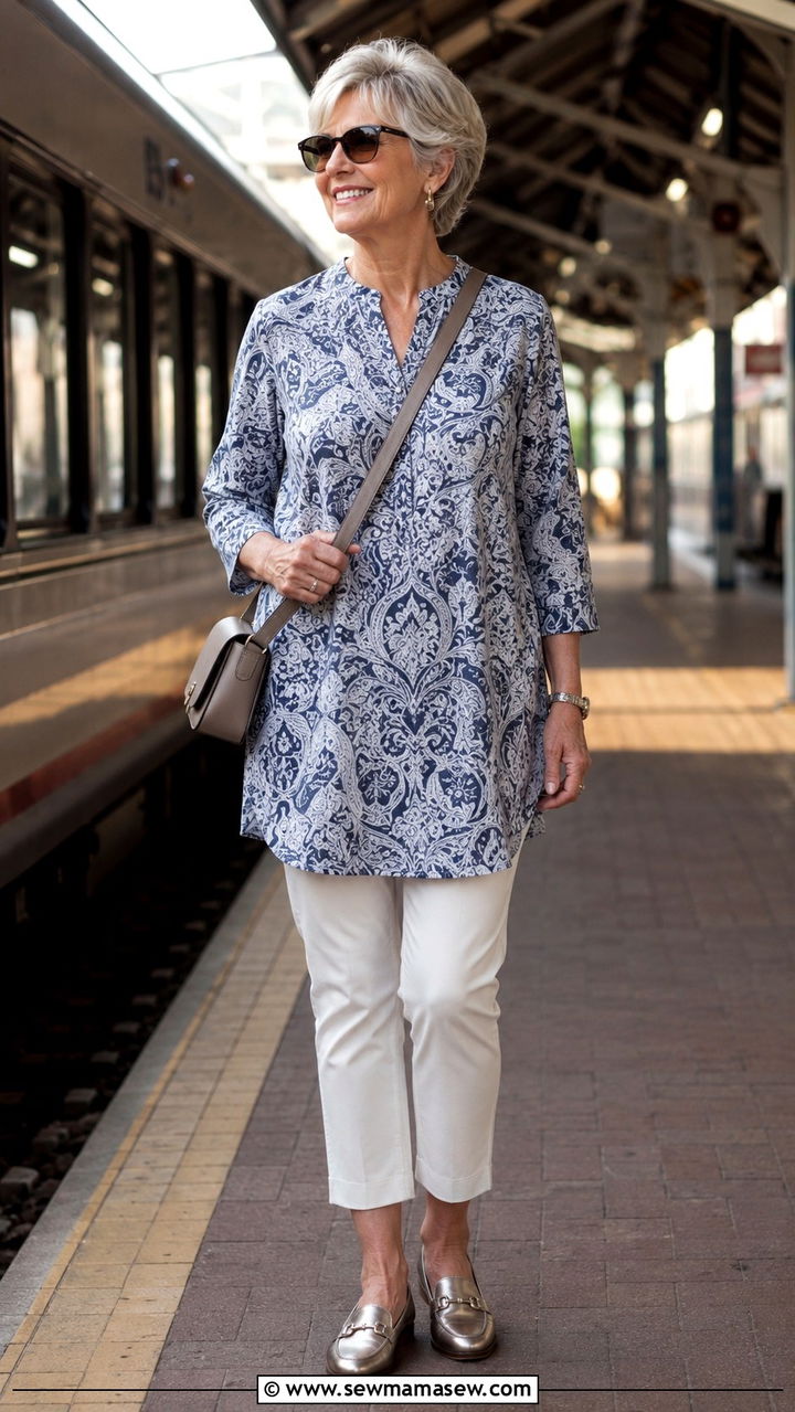 Tunic and Crop Pants Train Outfit - 30 Travel outfit ideas for women over 60