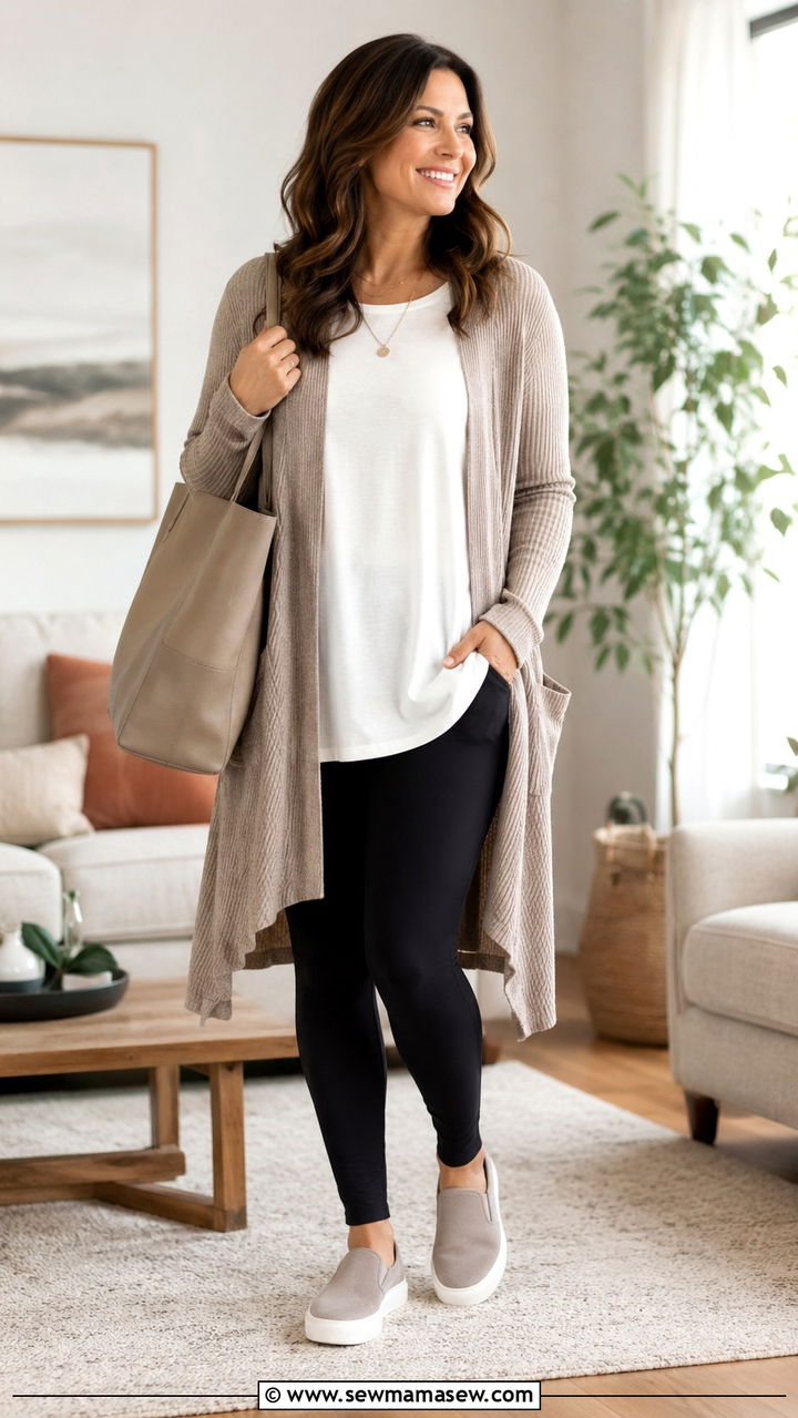 Tunic and Leggings With Long Cardigan Outfit - 30 midsize outfit ideas for women