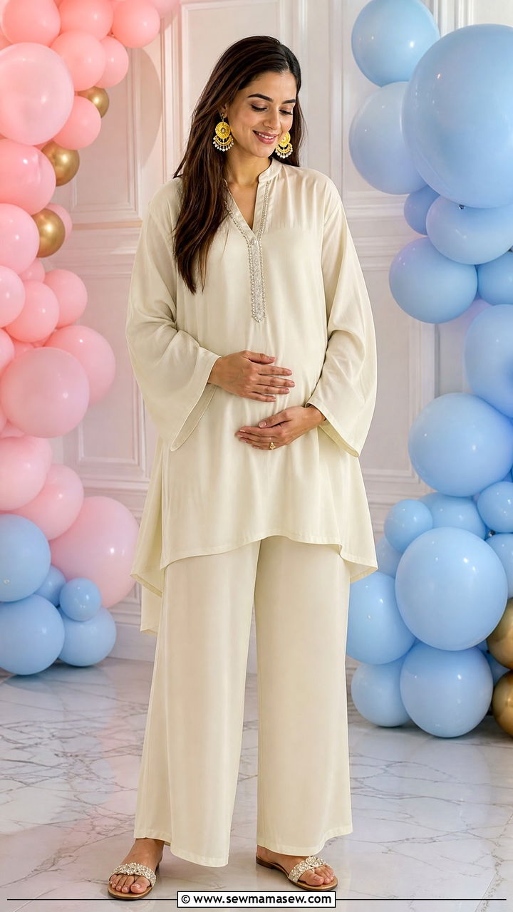 Tunic and Palazzo Pants With Statement Earrings - 25 Gender reveal photo outfit ideas 2026