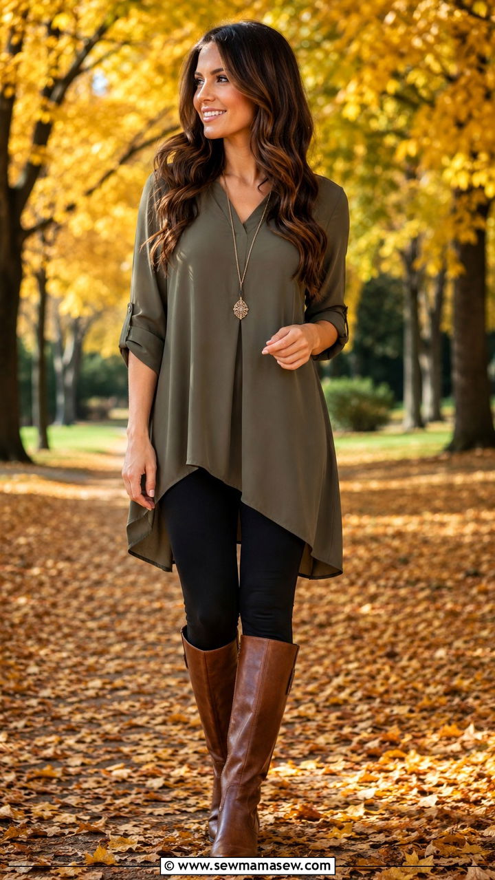 Tunic blouse and leggings with riding boots - 30 outfit ideas for rectangle body shape