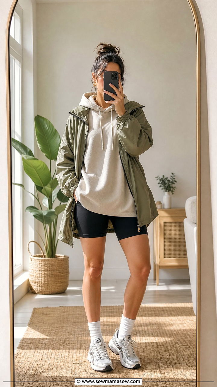 Tunic hoodie with bike shorts and anorak - 25 casual outfits for short torso women