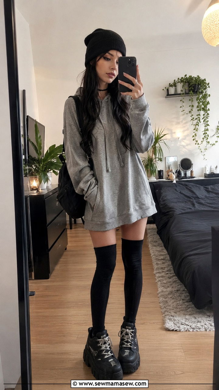 Tunic hoodie with over the knee socks and platform shoes - 30 grunge outfits to copy