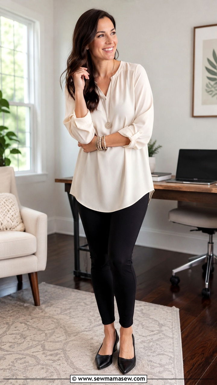 Tunic length blouse with ponte leggings and pointed toe flats - 30 Spring outfit ideas for work from home