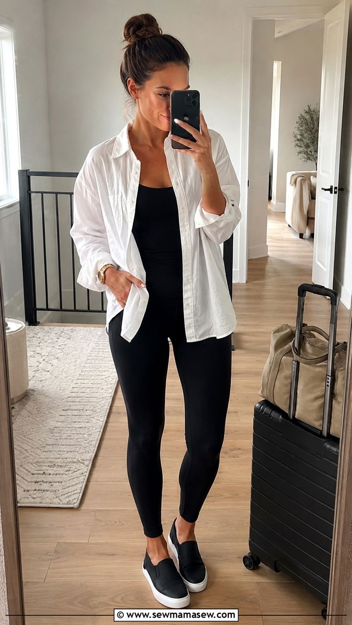 Tunic length button down with leggings - 25 nurse off duty outfit ideas