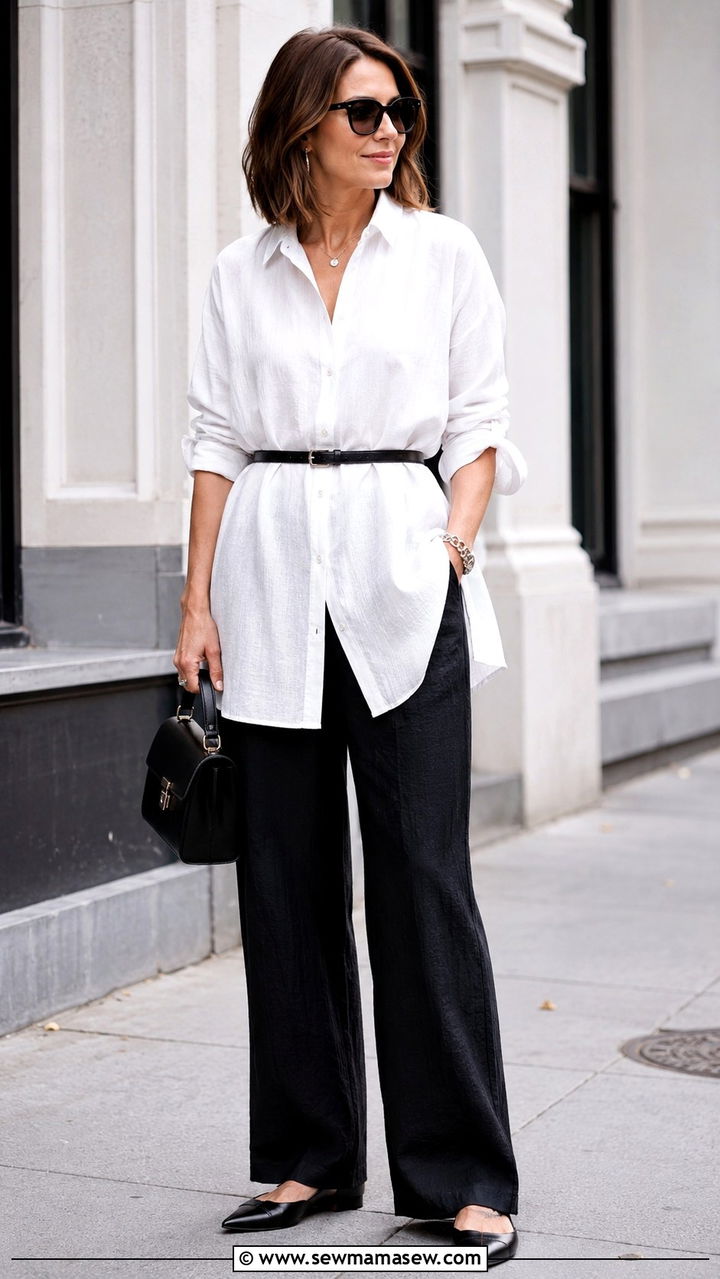 Tunic length button down with wide leg linen pants - 25 Wide leg linen pants outfit ideas with a button down
