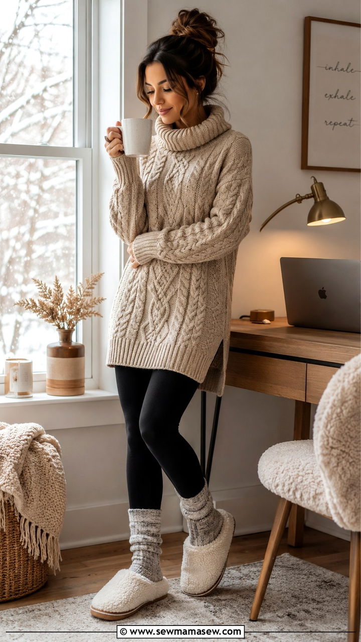 Tunic sweater and fleece lined leggings - 30 Cute work from home outfits