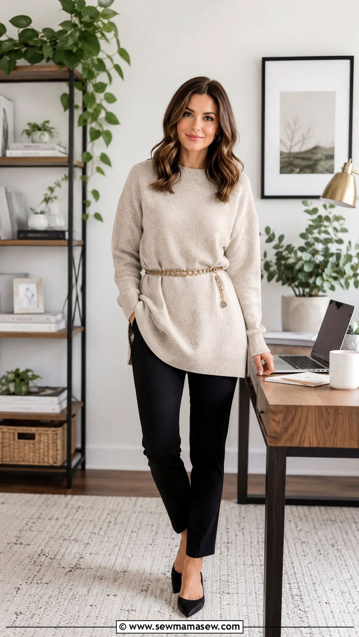 Tunic sweater and ponte pants remote work outfit - 30 Remote worker outfit ideas