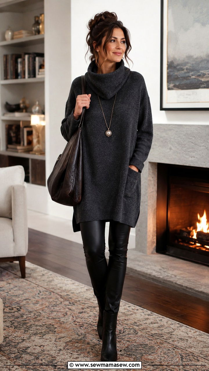 Tunic sweater with leather leggings and ankle boots - 25 Poetcore outfit ideas college professor aesthetic