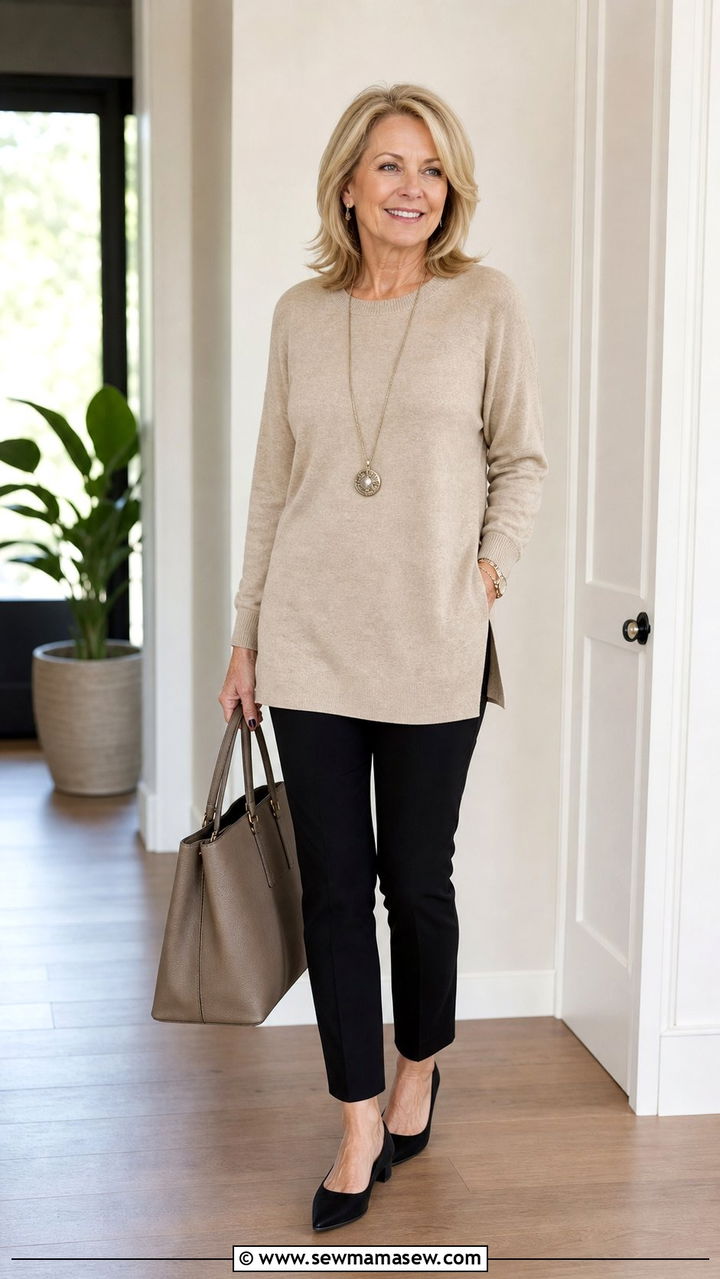 Tunic sweater with slim ankle pants outfit - 35 Business casual outfits for women over 50