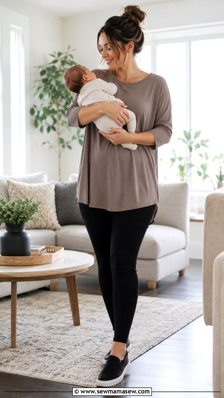 Tunic top and leggings postpartum look - 25 outfit ideas for postpartum women