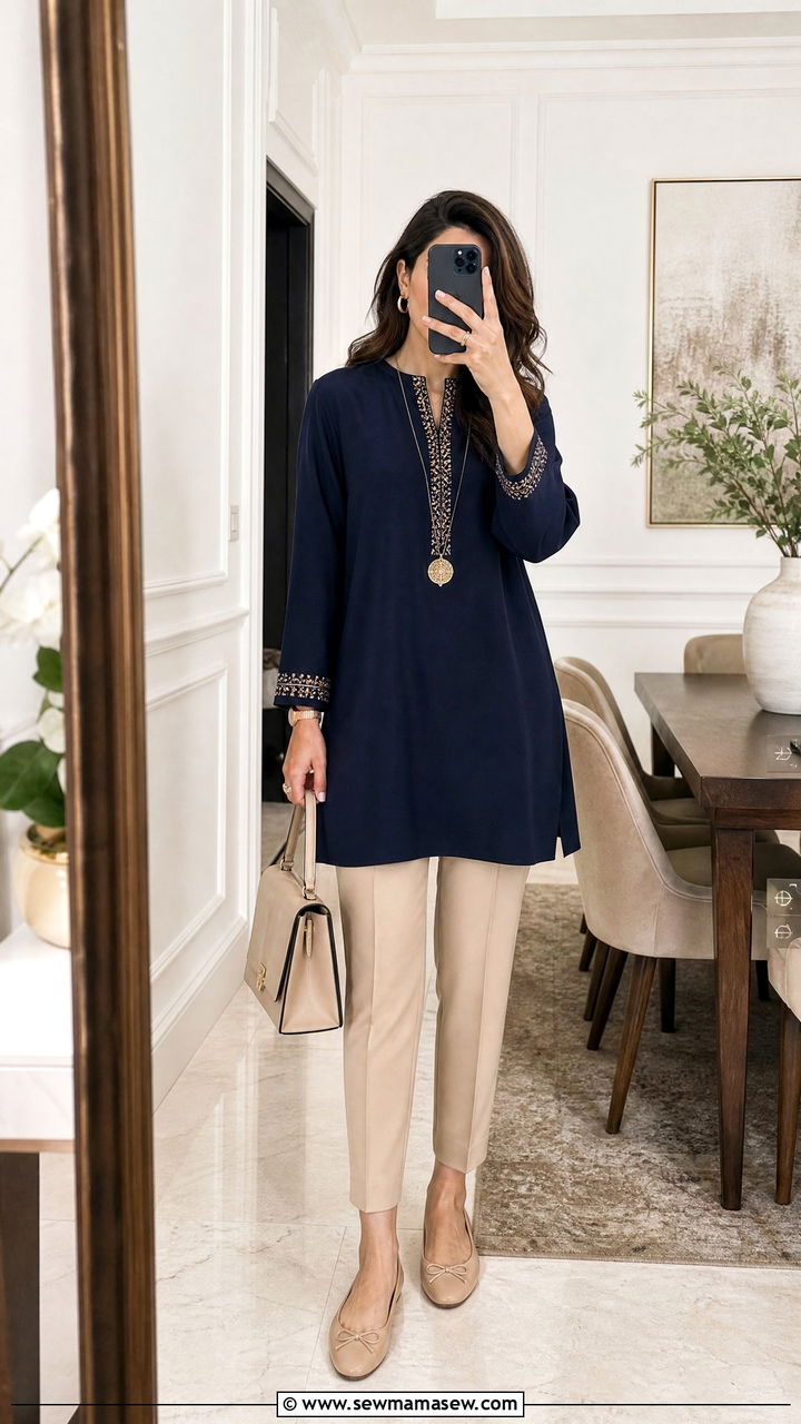 Tunic top and slim tailored trousers - 30 modest brunch outfit ideas