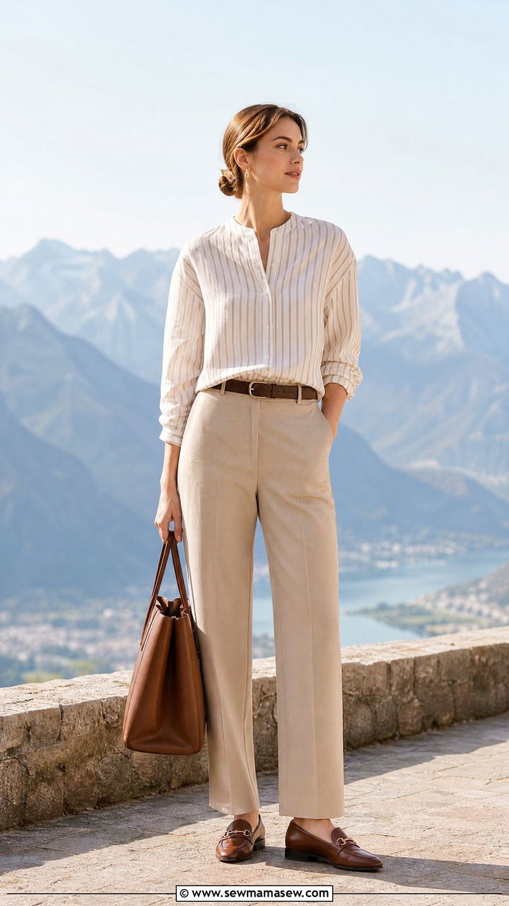 Tunic top and straight leg pants with loafers - 25 Modest outfit ideas for mountain trip