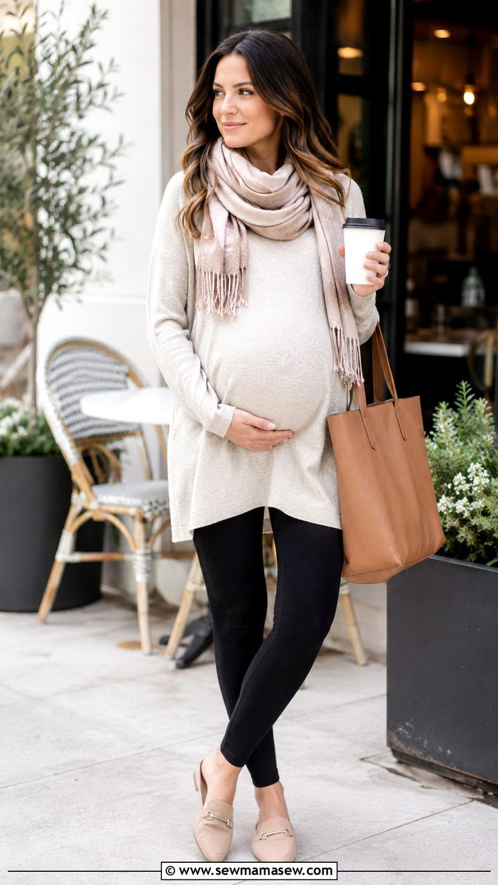 Tunic top maternity outfit with leggings - 25 Mom to be outfit ideas