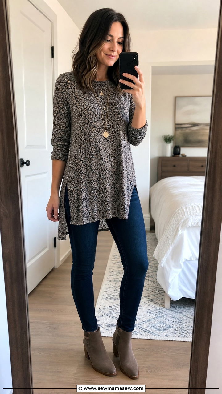 Tunic top with dark wash skinny jeans - 25 Flattering outfits for big hips