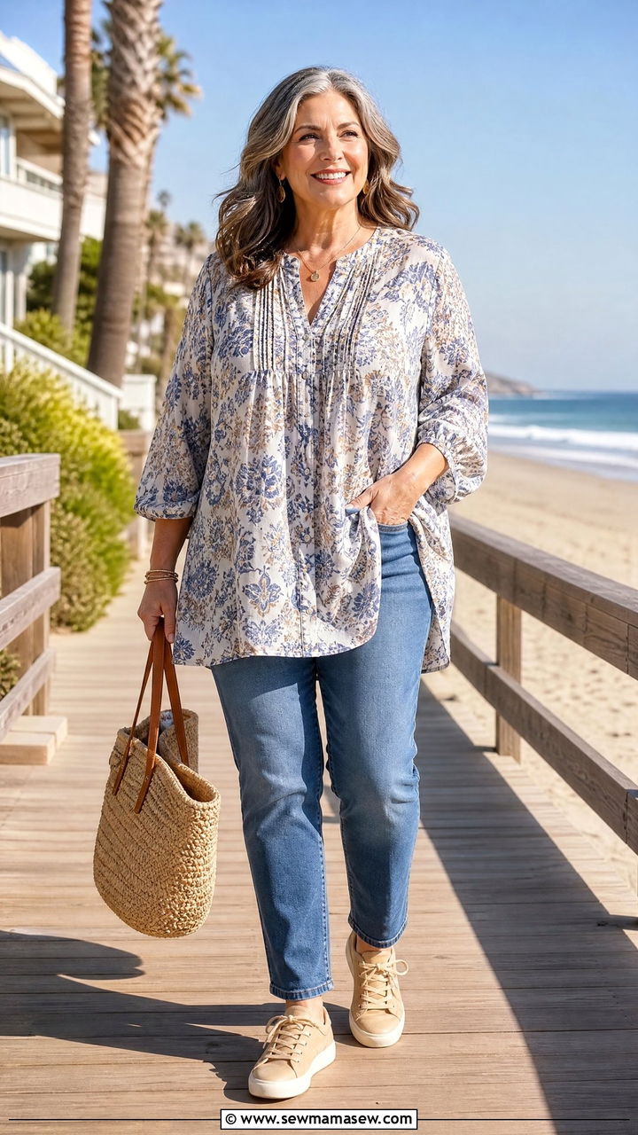 Tunic top with jeans and sneakers outfit - 35 Jeans and sneakers outfit ideas over 50