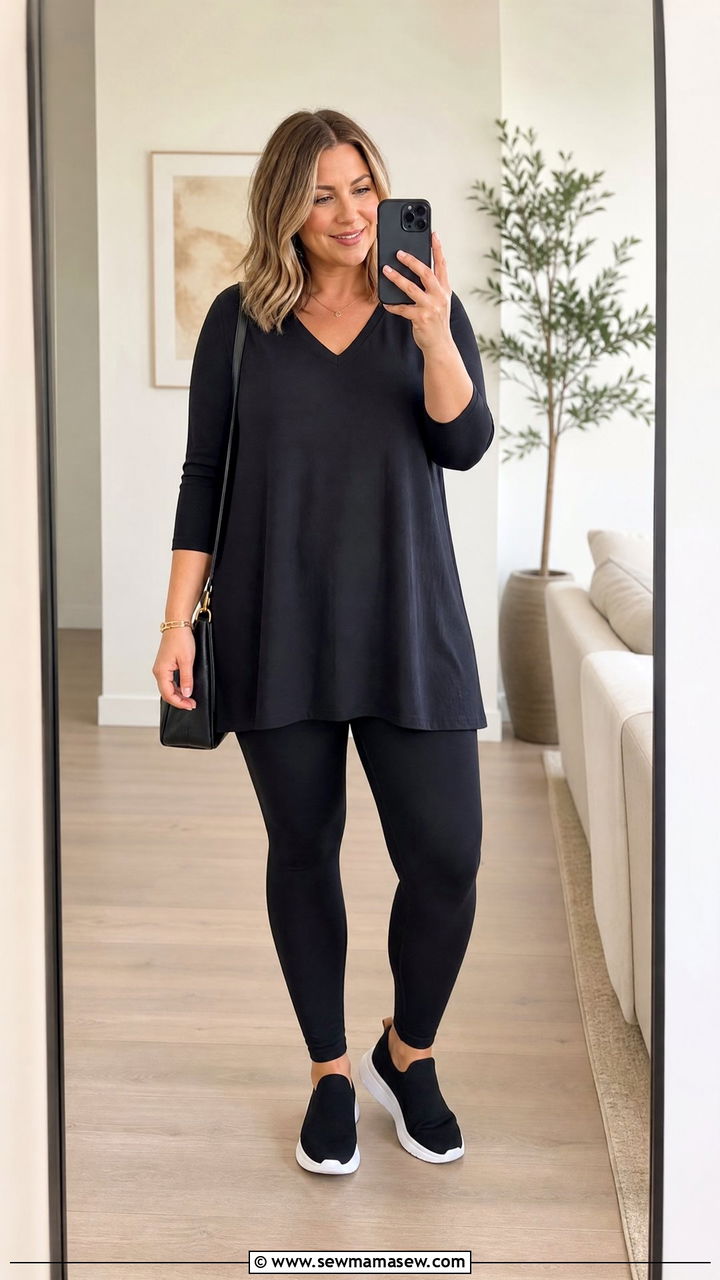 Tunic top with leggings and a long pendant - 25 casual outfits for apple shaped body