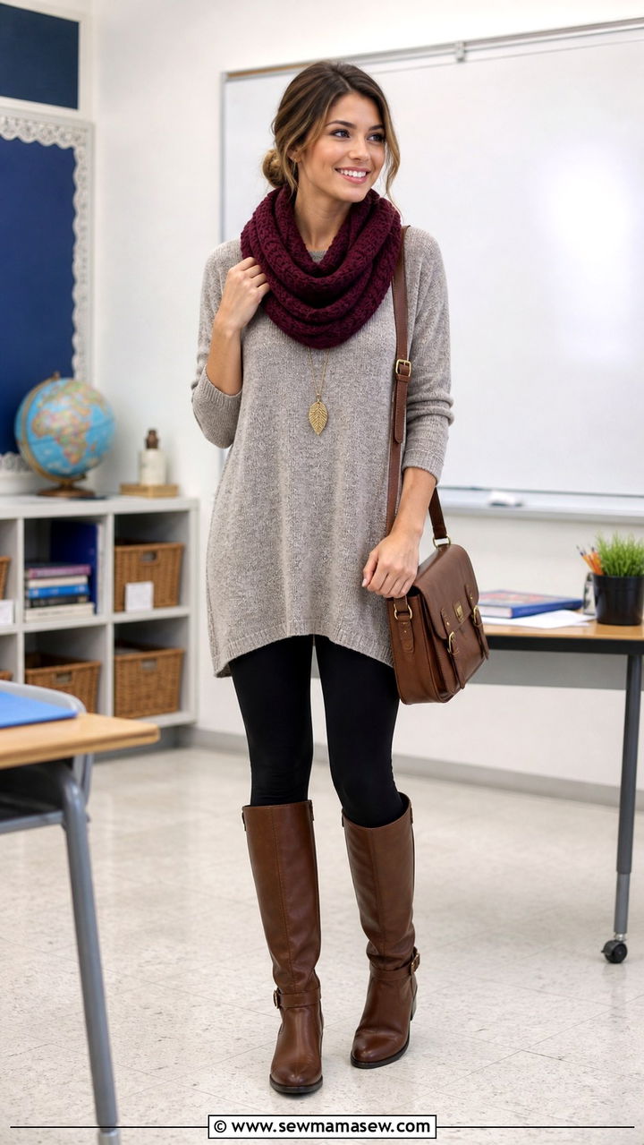 Tunic top with leggings and riding boots outfit - 40 school outfits