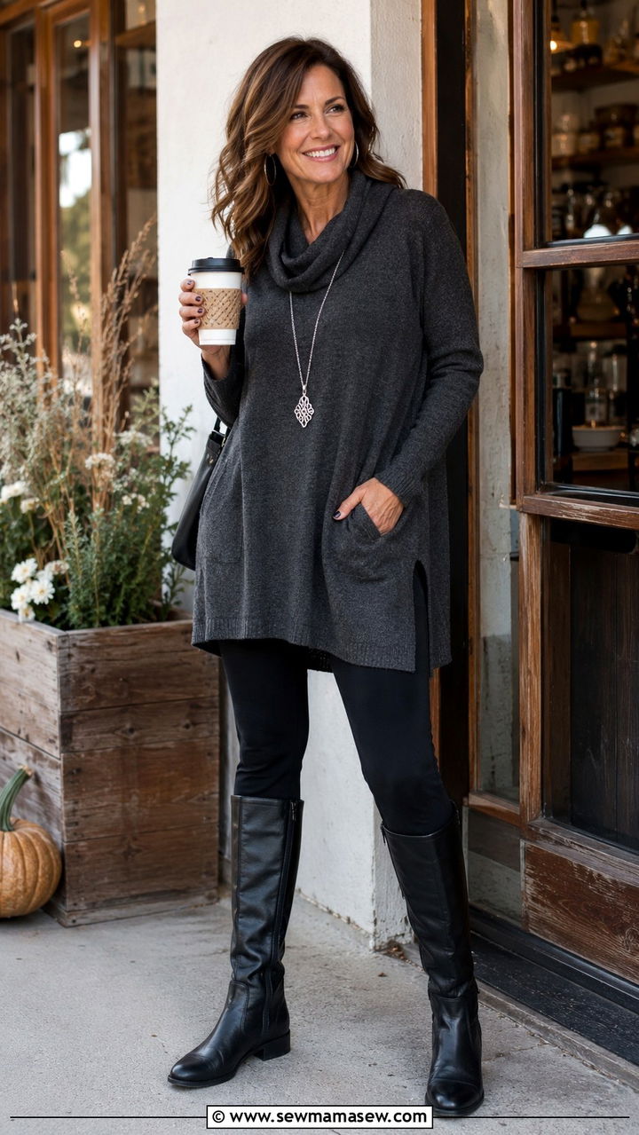 Tunic top with leggings and tall boots rectangle - 25 Outfit ideas for rectangle over 40