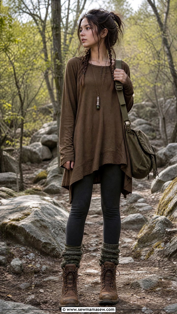 Tunic top with leggings thick socks and worn in hiking boots - 30 Goblincore outfit ideas