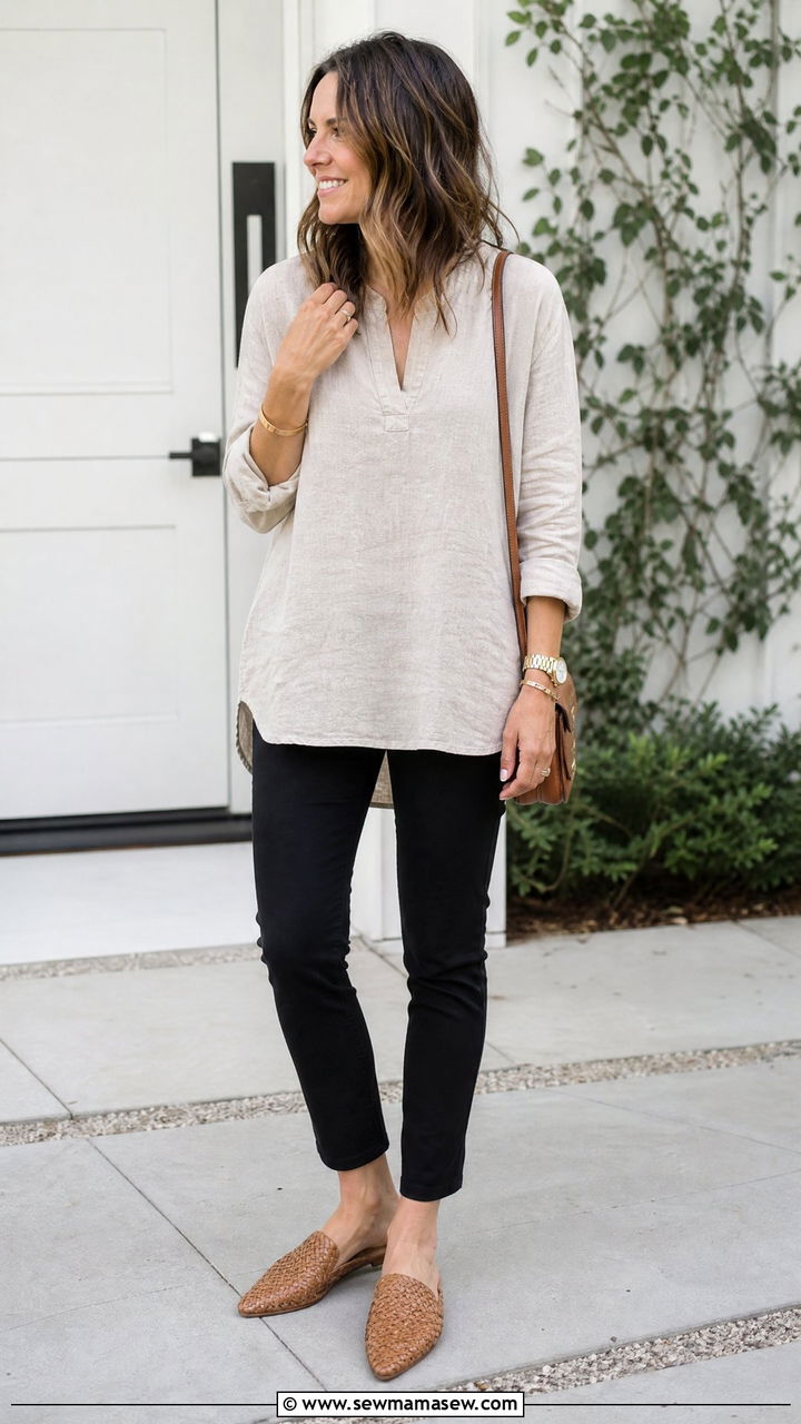 Tunic top with slim ankle pants and woven mules - 25 Spring outfits with mules