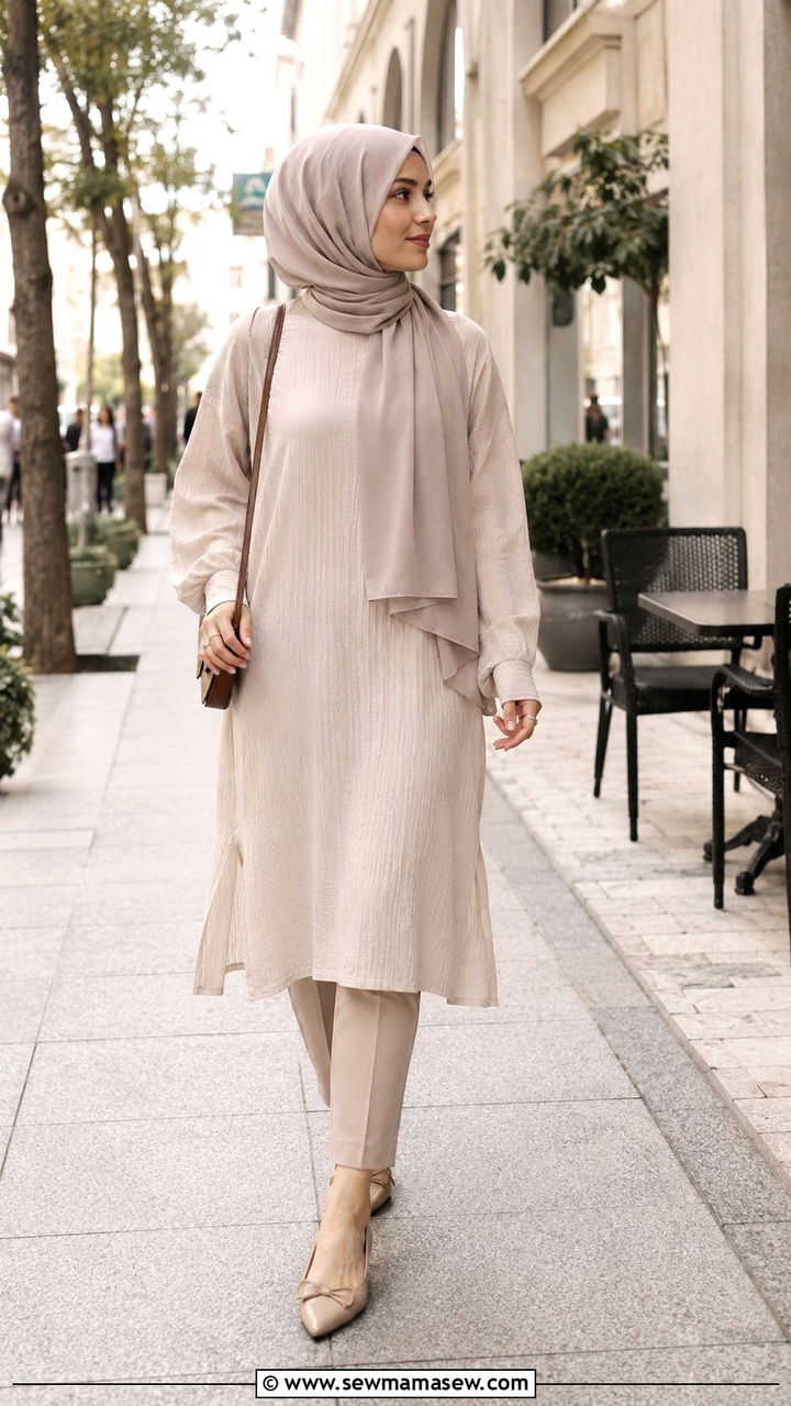 Tunic top with slim fit pants - 25 Vacation outfit ideas Muslim women