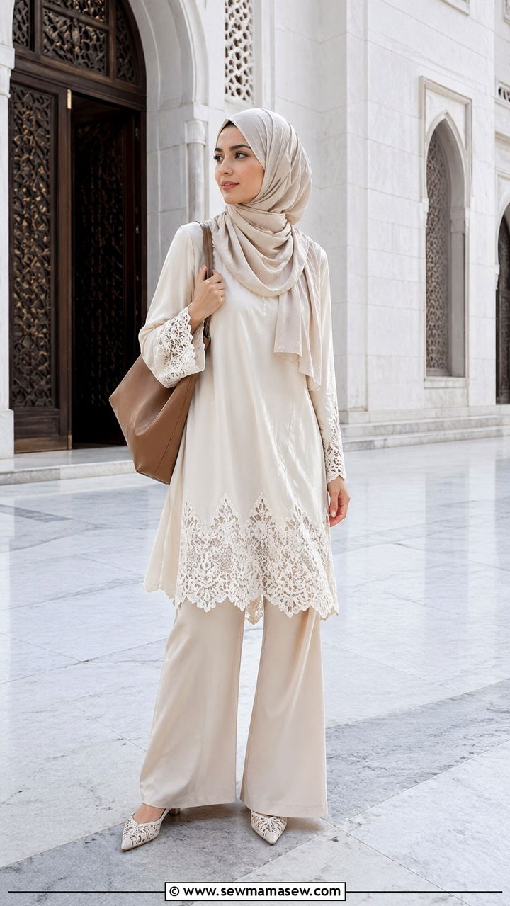 Tunic with lace accents and wide leg trousers - 20 Modest outfit ideas for mosque visit