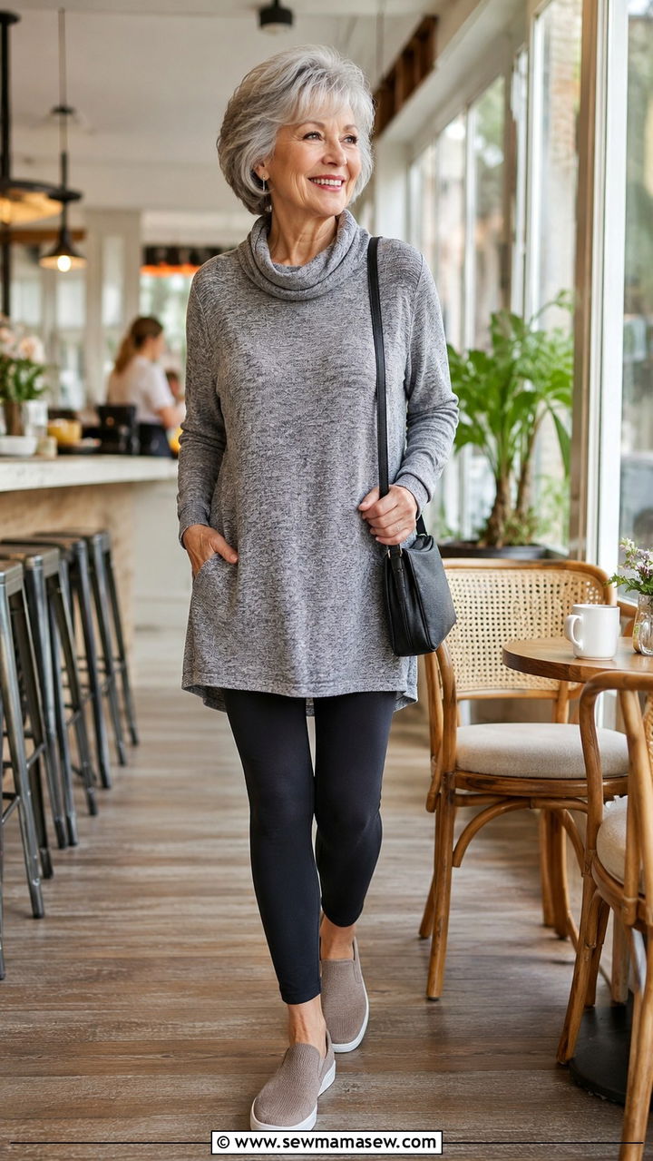 Tunic with leggings and slip on sneakers - 30 Outfit ideas for women over 70 casual 2026