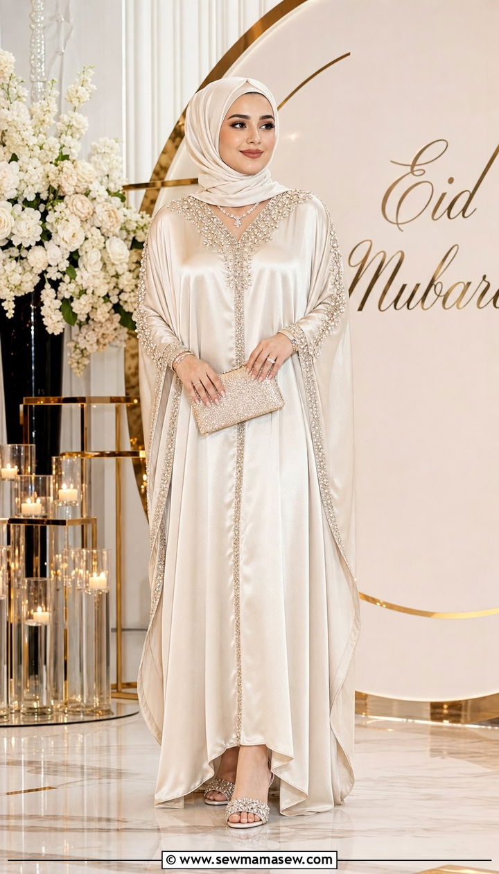 Turkish Champagne Satin Kaftan With Crystal Embellishments - 25 Eid outfit ideas Turkish