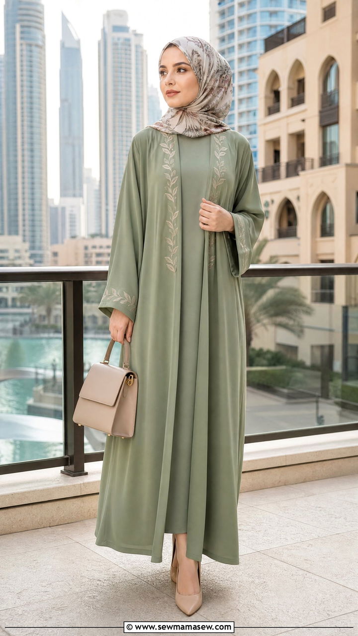 Turkish Style Kimono Abaya with Printed Hijab - 30 Eid outfit ideas with hijab