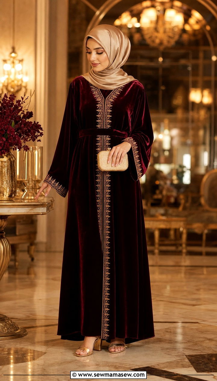 Turkish Velvet Abaya With Gold Accessories - 25 Eid outfit ideas Turkish