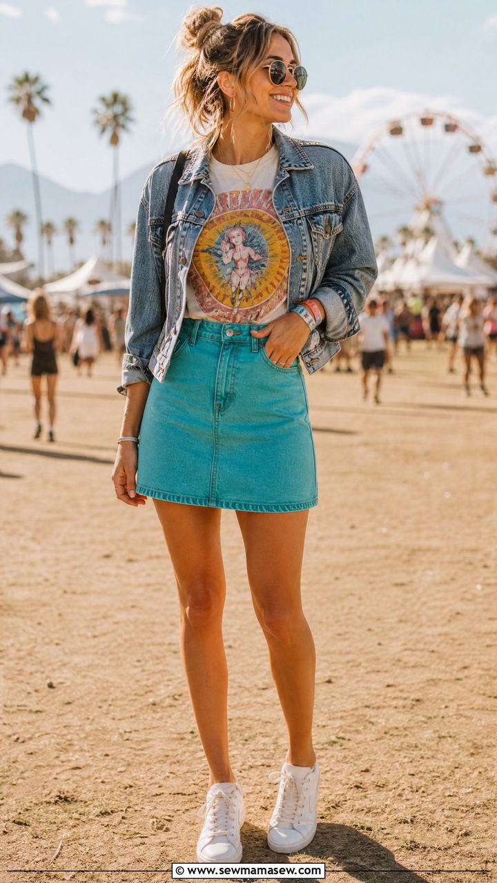 Turquoise A line mini skirt with tucked in graphic tee - 30 Summer turquoise outfit ideas