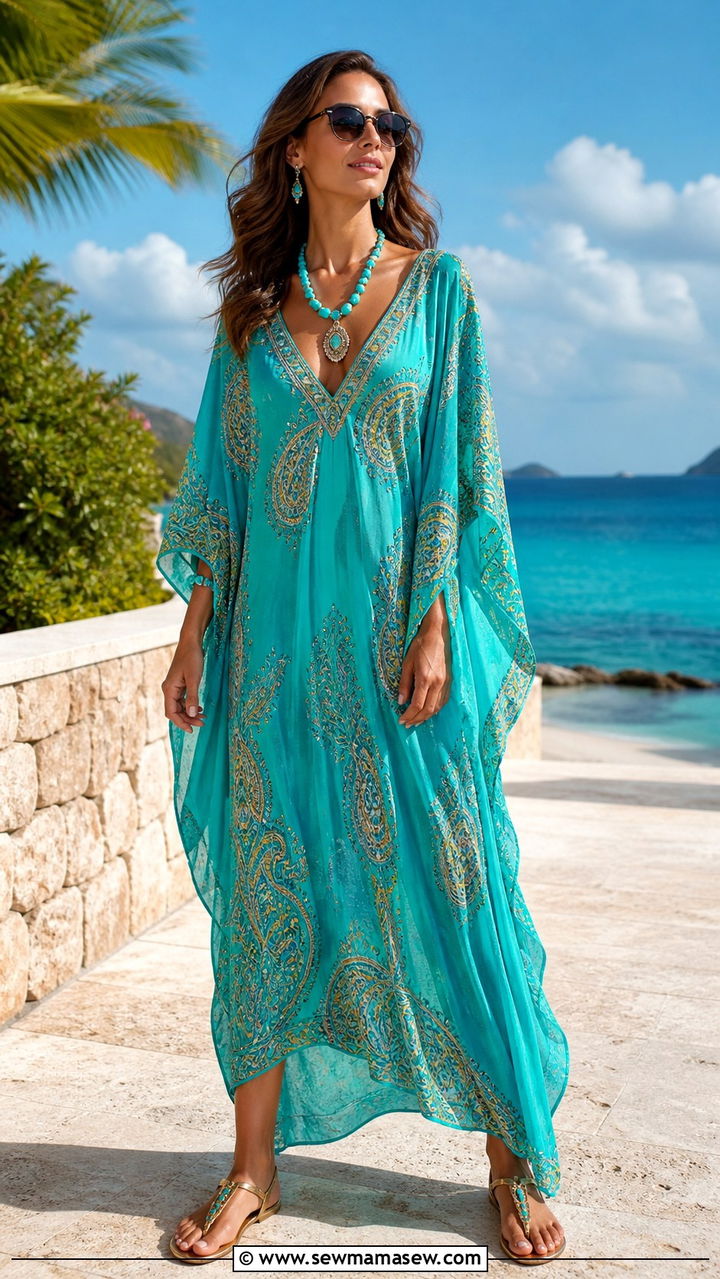 Turquoise Blue Kaftan With Metallic Sandals - 40 summer outfits 2026